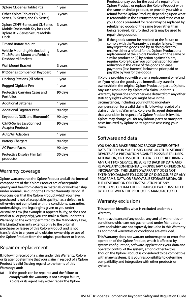 6  XSLATE R12-Series Companion Keyboard Safety and Regulation GuideWarranty coverageXplore warrants that the Xplore Product and all the internal components of the Xplore Product are of acceptable quality and free from defects in materials or workmanship under normal use during the Limited Warranty Period. If you consider that the Xplore Product which you have purchased is not of acceptable quality, has a defect, or is otherwise not compliant with the conditions, warranties, undertakings, and legal rights given to you under Australian Law (for example, it appears faulty, or does not work at all or properly), you can make a claim under this Warranty. To the extent permitted by the Mandatory Laws, this Limited Warranty extends only to the original purchaser or lessee of this Xplore Product and is not transferable to anyone who obtains ownership or use of the Xplore Product from the original purchaser or lessee.Repair or replacementIf, following receipt of a claim under this Warranty, Xplore or its agent determine that your claim in respect of a Xplore Product is valid (having regard to the terms of this Warranty), and: (a) if the goods can be repaired and the failure to comply with the warranty is not a major failure, Xplore or its agent may either repair the Xplore Product, or pay you for the cost of a repair of the Xplore Product, or replace the Xplore Product with the same or similar product, or provide you with a refund for the Xplore Product, depending upon what is reasonable in the circumstances and at no cost to you. Goods presented for repair may be replaced by refurbished goods of the same type rather than being repaired. Refurbished parts may be used to repair the goods; or.(b) if the goods cannot be repaired or the failure to comply with the Warranty is a major failure, (i) you may reject the goods and by so doing elect to receive either a refund for the Xplore Product or a replacement of the Xplore Product with the same or similar product or (ii) by action against Xplore, require Xplore to pay you compensation for any reduction in the value of the goods or lease payments (less interest) below the price paid or payable by you for the goodsIf Xplore provides you with either a replacement or refund or if you reject the goods, you immediately transfer ownership in the original Xplore Product or part to Xplore. Any such resolution by Xplore of a claim under this Warranty by you does not otherwise detract from any other statutory rights which you might have in the circumstances, including your right to monetary compensation for a valid claim. If, following receipt of a claim under this Warranty, Xplore or its agent determine that your claim in respect of a Xplore Product is invalid, Xplore may charge you for any labour, parts or transport costs incurred by Xplore or its agent in assessing your claim.Software and dataYOU SHOULD MAKE PERIODIC BACKUP COPIES OF THE DATA STORED ON YOUR HARD DRIVE OR OTHER STORAGE DEVICES AS A PRECAUTION AGAINST POSSIBLE FAILURES, ALTERATION, OR LOSS OF THE DATA. BEFORE RETURNING ANY UNIT FOR SERVICE, BE SURE TO BACK UP DATA AND REMOVE ANY CONFIDENTIAL, PROPRIETARY, OR PERSONAL INFORMATION. THIS LIMITED WARRANTY DOES NOT EXTEND TO DAMAGE TO, LOSS OF, OR DISCLOSURE OF ANY PROGRAMS, DATA, OR REMOVABLE STORAGE MEDIA, OR THE RESTORATION OR REINSTALLATION OF ANY PROGRAMS OR DATA OTHER THAN SOFTWARE INSTALLED BY XPLORE WHEN THE PRODUCT IS MANUFACTUREDWarranty exclusionsThis section identifies what is excluded under this Warranty.For the avoidance of any doubt, any and all warranties or conditions which are not guaranteed under Mandatory Laws and which are not expressly included in this Warranty as additional warranties or conditions are excluded.This Warranty does not warrant uninterrupted or error-free operation of the Xplore Product, which is affected by system configuration, software, applications your data and operator control of the system, among other factors. Though the Xplore Product is considered to be compatible with many systems, it is your responsibility to determine compatibility and integration with other products or systems.Xplore CL-Series Tablet PCs 1 yearOther Xplore Tablet PCs (R12-Series, F5-Series, and C5-Series)3 yearsXplore C5/F5-Series and CL-Series Mobile Docks with Key lock and Xplore R12-Series Secure Mobile Dock3 yearsTilt and Rotate Mount 3 yearsVehicle Mounting Kit (Including Tilt &amp; Rotate Mount and Vehicle Dashboard Bracket)3 yearsWall Mount Bracket 3 yearsR12-Series Companion Keyboard 1 yearDocking Stations (all other) 1 yearRugged Digitizer Pen 1 yearProtective Carrying Cases and Portfolios90 daysAdditional Batteries 1 yearAdditional Digitizer Pens  90 daysKeyboards (USB and Bluetooth) 90 daysC5/F5-Series EasyConnect Adapter Products90 daysAuto/Air Adapters 1 yearBattery Chargers 90 daysAC Power Packs 90 daysProtective Display Film (all products)30 days