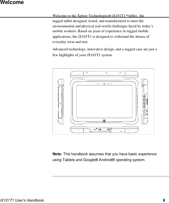      Welcome  Welcome to the Xplore Technologies® iX101T1™tablet , the rugged tablet designed, tested, and manufactured to meet the environmental and physical real-world challenges faced by today’s mobile workers. Based on years of experience in rugged mobile applications, the iX101T1 is designed to withstand the abuses of everyday wear and tear. Advanced technology, innovative design, and a rugged case are just a few highlights of your iX101T1 system.                              Note: This handbook assumes that you have basic experience using Tablets and Google® Android® operating system.         iX101T1 User’s Handbook         8