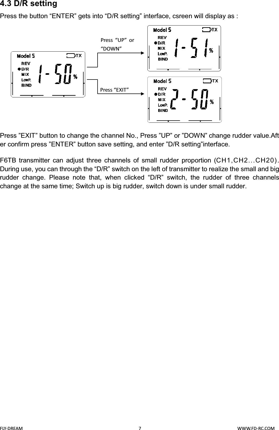 FLY-DREAM                                               7                                       WWW.FD-RC.COM4.3 D/R settingPress the button “ENTER” gets into “D/R setting” interface, csreen will display as :Press ”EXIT” button to change the channel No., Press ”UP” or ”DOWN” change rudder value.After confirm press ”ENTER” button save setting, and enter ”D/R setting”interface. F6TB transmitter can adjust three channels of small rudder proportion (CH1,CH2...CH20). During use, you can through the “D/R” switch on the left of transmitter to realize the small and big rudder change. Please note that, when clicked “D/R” switch, the rudder of three channels change at the same time; Switch up is big rudder, switch down is under small rudder.Press “UP” or“DOWN”Press “EXIT”