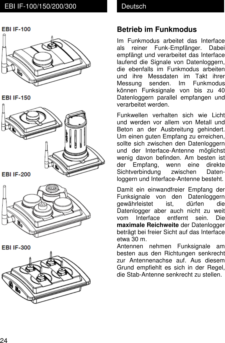  24 Deutsch EBI IF-100/150/200/300  Betrieb im Funkmodus Im  Funkmodus  arbeitet  das  Interface als  reiner  Funk-Empf&auml;nger.  Dabei empf&auml;ngt und verarbeitet das Interface laufend  die  Signale von  Datenloggern, die  ebenfalls  im  Funkmodus  arbeiten und  ihre  Messdaten  im  Takt  ihrer Messung  senden.  Im  Funkmodus k&ouml;nnen  Funksignale  von  bis  zu  40 Datenloggern  parallel  empfangen  und verarbeitet werden. Funkwellen  verhalten  sich  wie  Licht und  werden  vor  allem  von  Metall  und Beton  an  der  Ausbreitung  gehindert. Um einen guten Empfang zu erreichen, sollte sich  zwischen  den  Datenloggern und  der  Interface-Antenne  m&ouml;glichst wenig  davon  befinden.  Am  besten  ist der  Empfang,  wenn  eine  direkte Sichtverbindung  zwischen  Daten-loggern und Interface-Antenne besteht. Damit  ein  einwandfreier  Empfang  der Funksignale  von  den  Datenloggern gew&auml;hrleistet  ist,  d&uuml;rfen  die Datenlogger  aber  auch  nicht  zu  weit vom  Interface  entfernt  sein.  Die maximale Reichweite der Datenlogger betr&auml;gt bei freier Sicht auf das Interface etwa 30 m. Antennen  nehmen  Funksignale  am besten  aus  den  Richtungen  senkrecht zur  Antennenachse  auf.  Aus  diesem Grund  empfiehlt  es  sich  in  der  Regel, die Stab-Antenne senkrecht zu stellen. 