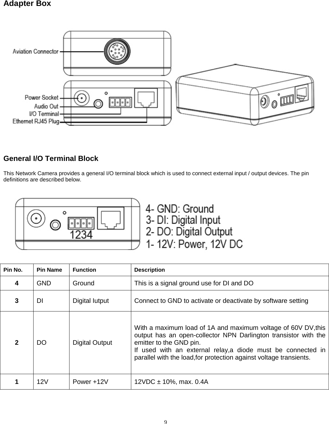  9  Adapter Box      General I/O Terminal Block This Network Camera provides a general I/O terminal block which is used to connect external input / output devices. The pin definitions are described below.   Pin No.   Pin Name   Function Description 4  GND Ground This is a signal ground use for DI and DO 3  DI   Digital Iutput Connect to GND to activate or deactivate by software setting 2  DO   Digital Output   With a maximum load of 1A and maximum voltage of 60V DV,this output has an open-collector NPN Darlington transistor with the emitter to the GND pin. If used with an external relay,a diode must be connected in parallel with the load,for protection against voltage transients. 1  12V Power +12V   12VDC ± 10%, max. 0.4A  