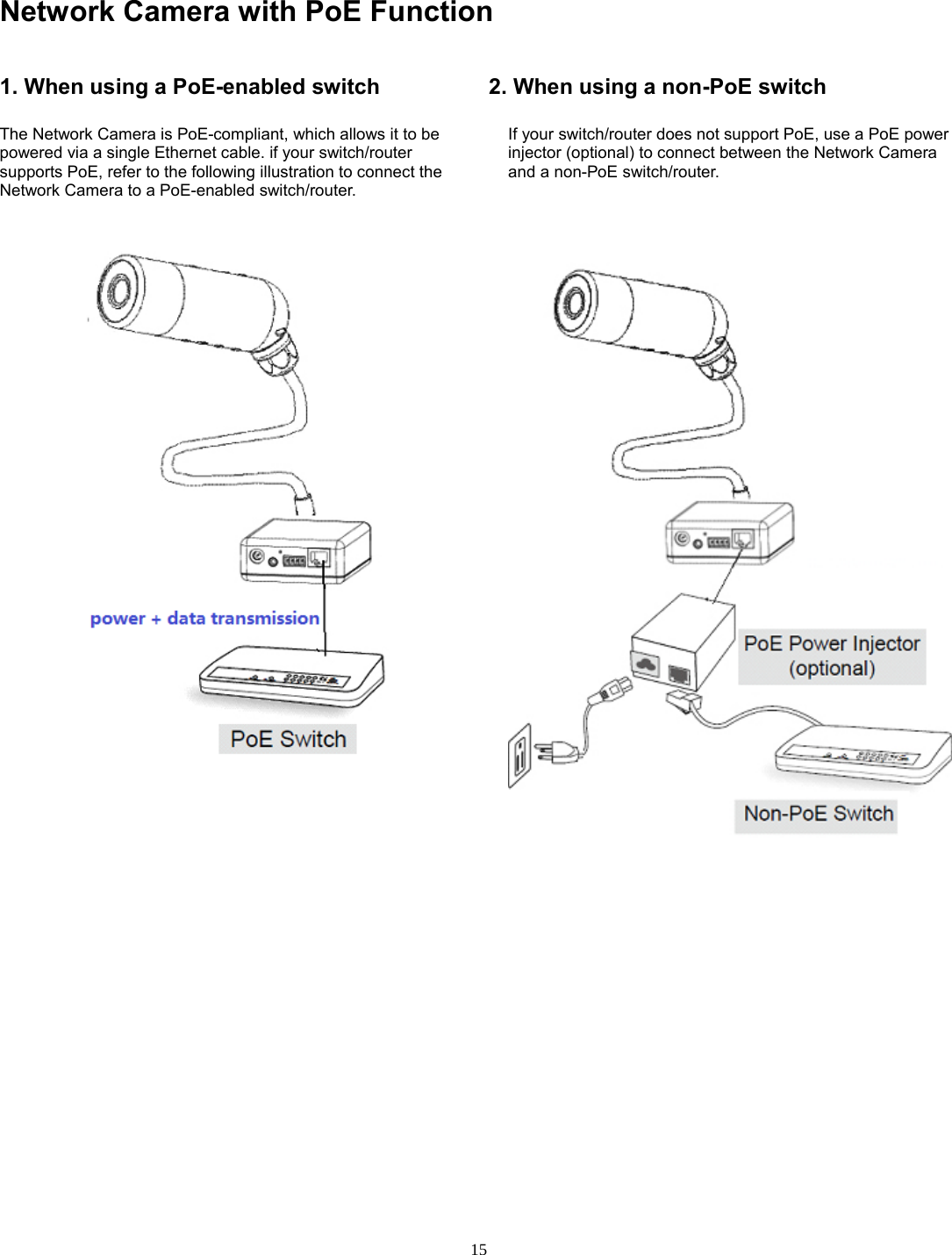  15 Network Camera with PoE Function  1. When using a PoE-enabled switch  The Network Camera is PoE-compliant, which allows it to be powered via a single Ethernet cable. if your switch/router supports PoE, refer to the following illustration to connect the Network Camera to a PoE-enabled switch/router.      2. When using a non-PoE switch  If your switch/router does not support PoE, use a PoE power injector (optional) to connect between the Network Camera and a non-PoE switch/router.            