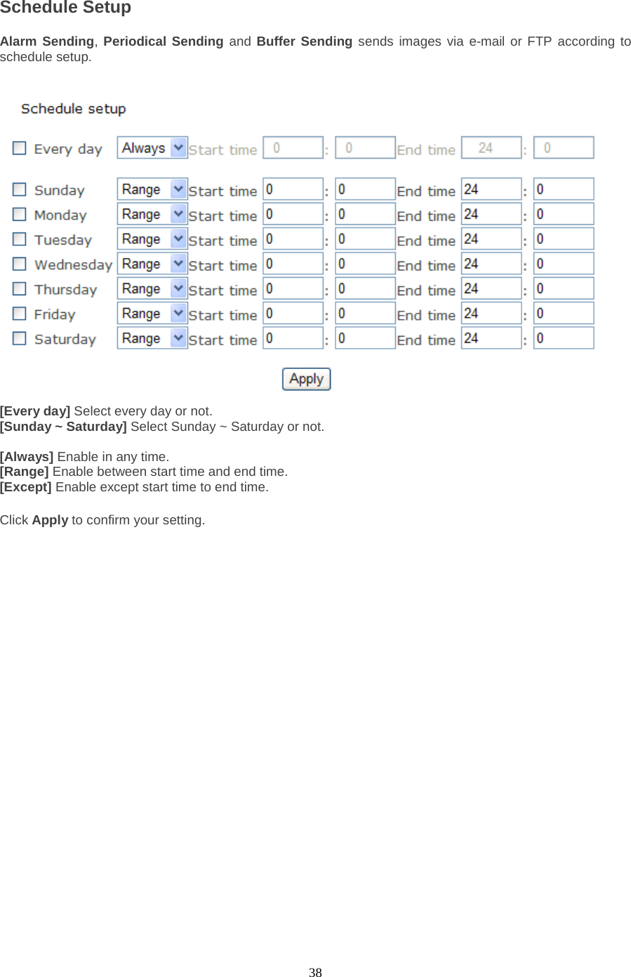  38 Schedule Setup Alarm Sending, Periodical Sending and Buffer Sending sends images via e-mail or FTP according to schedule setup.    [Every day] Select every day or not. [Sunday ~ Saturday] Select Sunday ~ Saturday or not.  [Always] Enable in any time. [Range] Enable between start time and end time. [Except] Enable except start time to end time.  Click Apply to confirm your setting.  