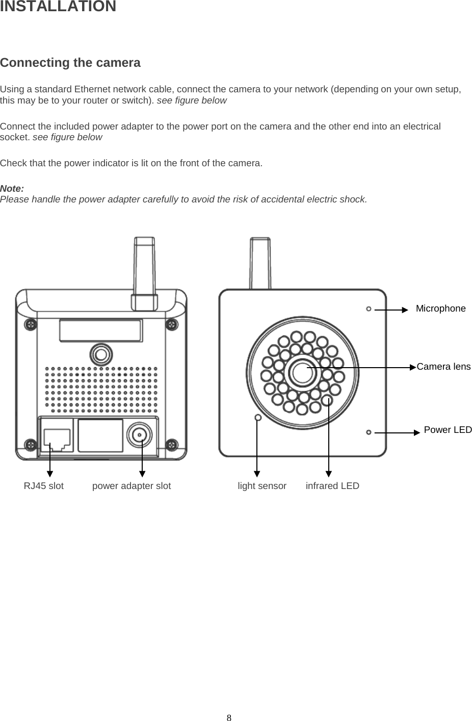  8 INSTALLATIONConnecting the camera  Using a standard Ethernet network cable, connect the camera to your network (depending on your own setup, this may be to your router or switch). see figure below    Connect the included power adapter to the power port on the camera and the other end into an electrical socket. see figure below    Check that the power indicator is lit on the front of the camera.    Note:   Please handle the power adapter carefully to avoid the risk of accidental electric shock.      RJ45 slot      power adapter slot              light sensor    infrared LED   Microphone Power LED Camera lens 