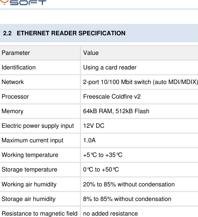 October 13, 2014Network Card Reader CONFIDENTIAL 72.2   ETHERNET READER SPECIFICATIONParameter ValueIdentification Using a card readerNetwork 2-port 10/100 Mbit switch (auto MDI/MDIX)Processor Freescale Coldfire v2Memory 64kB RAM, 512kB FlashElectric power supply input 12V DCMaximum current input 1.0AWorking temperature +5&deg;C to +35&deg;CStorage temperature 0&deg;C to +50&deg;CWorking air humidity 20% to 85% without condensationStorage air humidity 8% to 85% without condensationResistance to magnetic field no added resistance
