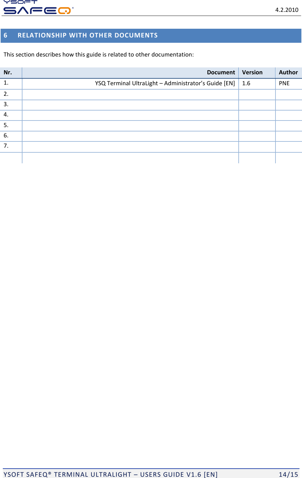 Page 14 of Y Soft a s 0YX0ML01065 Ultralight P&C; Multireader MF+ User Manual YSQ Terminal Ultralight   Users Guide v1 6  EN 