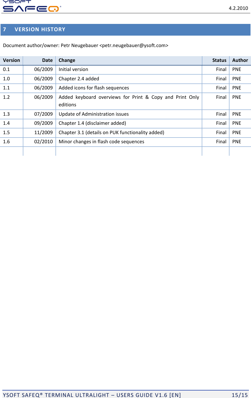 Page 15 of Y Soft a s 0YX0ML01065 Ultralight P&C; Multireader MF+ User Manual YSQ Terminal Ultralight   Users Guide v1 6  EN 