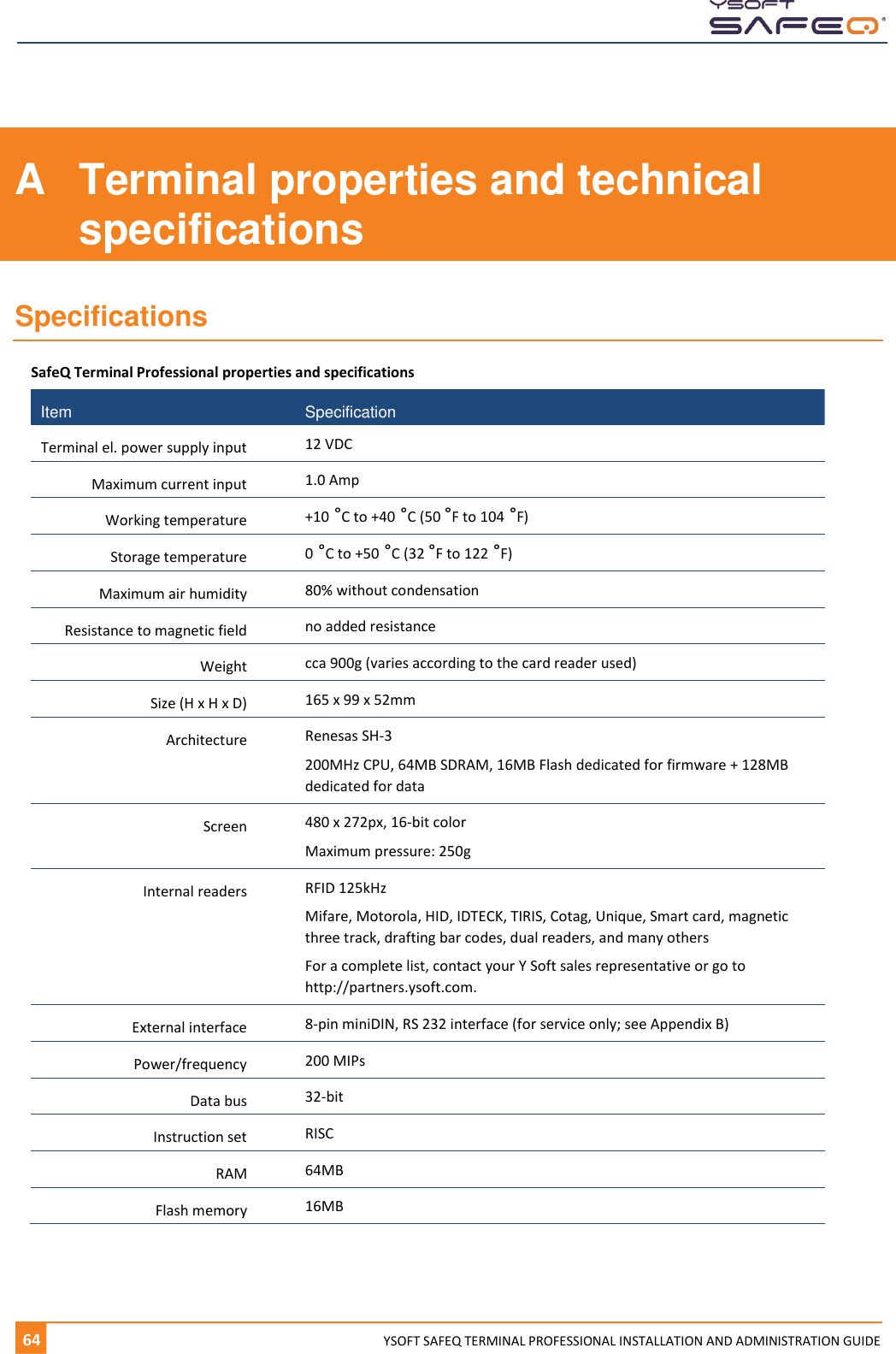  64  YYSOFT SAFEQ TERMINAL PROFESSIONAL INSTALLATION AND ADMINISTRATION GUIDE A  Terminal properties and technical specifications Specifications SafeQ Terminal Professional properties and specifications Item Specification Terminal el. power supply input 12 VDC Maximum current input 1.0 Amp Working temperature +10 &deg;C to +40 &deg;C (50 &deg;F to 104 &deg;F) Storage temperature 0 &deg;C to +50 &deg;C (32 &deg;F to 122 &deg;F) Maximum air humidity 80% without condensation Resistance to magnetic field no added resistance Weight cca 900g (varies according to the card reader used) Size (H x H x D) 165 x 99 x 52mm Architecture Renesas SH-3 200MHz CPU, 64MB SDRAM, 16MB Flash dedicated for firmware + 128MB dedicated for data Screen 480 x 272px, 16-bit color Maximum pressure: 250g Internal readers RFID 125kHz Mifare, Motorola, HID, IDTECK, TIRIS, Cotag, Unique, Smart card, magnetic three track, drafting bar codes, dual readers, and many others For a complete list, contact your Y Soft sales representative or go to http://partners.ysoft.com. External interface 8-pin miniDIN, RS 232 interface (for service only; see Appendix B) Power/frequency 200 MIPs Data bus 32-bit Instruction set RISC RAM 64MB Flash memory 16MB    