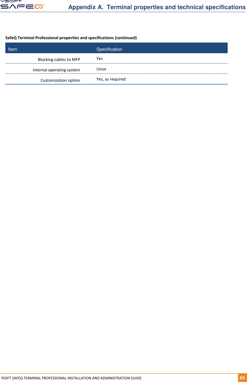 Appendix A.  Terminal properties and technical specifications  YSOFT SAFEQ TERMINAL PROFESSIONAL INSTALLATION AND ADMINISTRATION GUIDE   651  SafeQ Terminal Professional properties and specifications (continued) Item Specification Blocking cables to MFP Yes Internal operating system Linux Customization option Yes, as required    