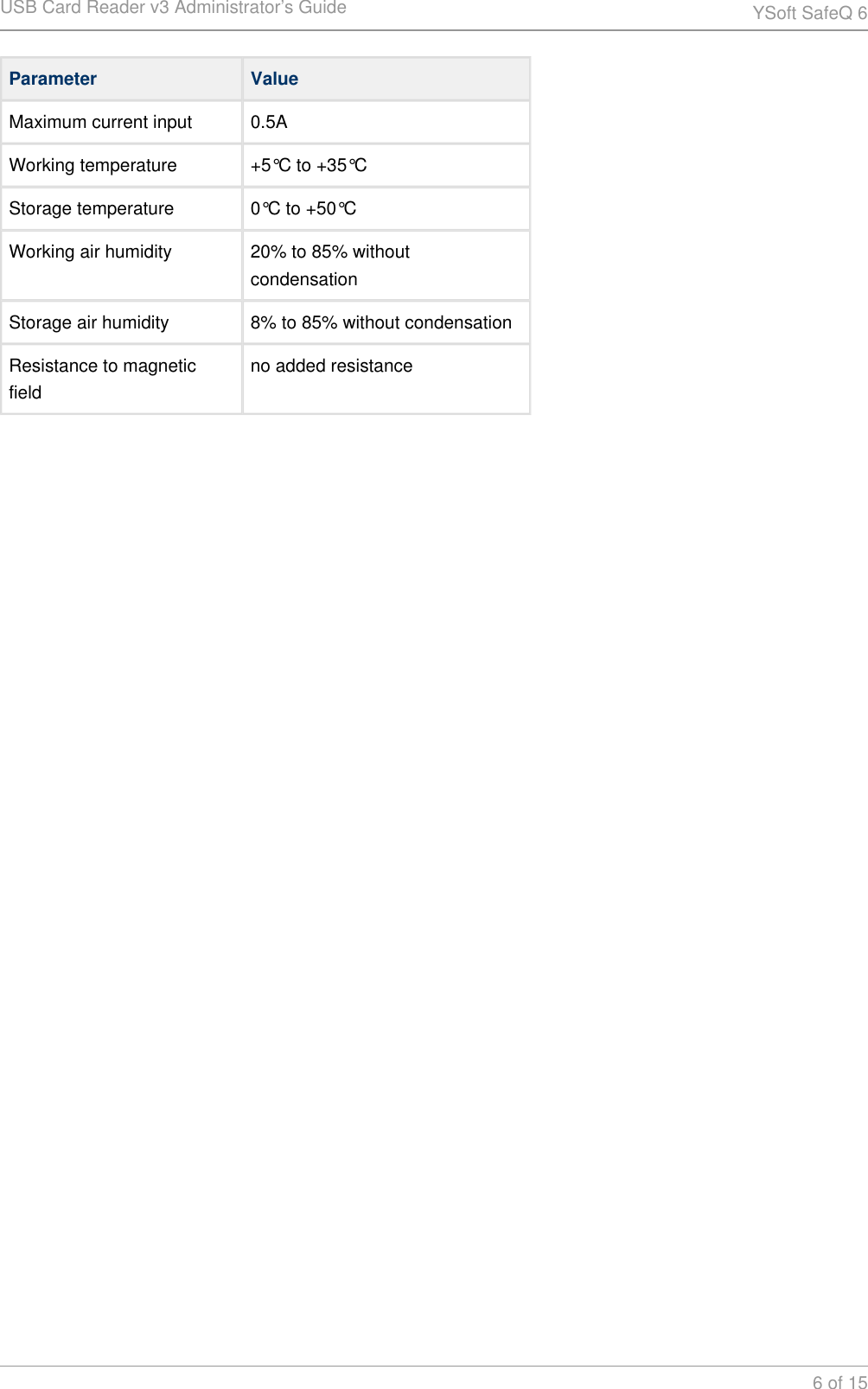 USB Card Reader v3 Administrator&rsquo;s Guide YSoft SafeQ 66 of 15Parameter ValueMaximum current input 0.5AWorking temperature +5&deg;C to +35&deg;CStorage temperature 0&deg;C to +50&deg;CWorking air humidity 20% to 85% without condensationStorage air humidity 8% to 85% without condensationResistance to magnetic fieldno added resistance
