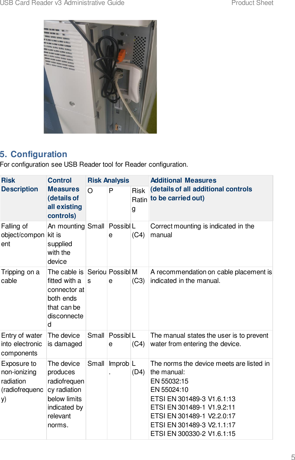 USB Card Reader v3 Administrative Guide    Product Sheet   5  5. Configuration For configuration see USB Reader tool for Reader configuration. Risk Description Control Measures (details of all existing controls) Risk Analysis Additional Measures (details of all additional controls to be carried out) O P Risk Rating Falling of object/component An mounting kit is supplied with the device Small Possible L (C4) Correct mounting is indicated in the manual Tripping on a cable The cable is fitted with a connector at both ends that can be disconnected Serious Possible M (C3) A recommendation on cable placement is indicated in the manual. Entry of water into electronic components The device is damaged Small Possible L (C4) The manual states the user is to prevent water from entering the device. Exposure to non-ionizing radiation (radiofrequency) The device produces radiofrequency radiation below limits indicated by relevant norms. Small Improb. L (D4) The norms the device meets are listed in the manual: EN 55032:15 EN 55024:10 ETSI EN 301489-3 V1.6.1:13 ETSI EN 301489-1 V1.9.2:11 ETSI EN 301489-1 V2.2.0:17 ETSI EN 301489-3 V2.1.1:17 ETSI EN 300330-2 V1.6.1:15 