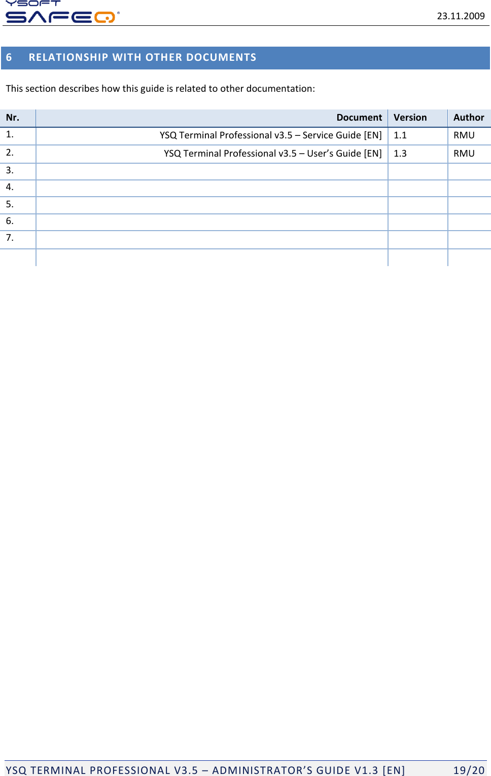   23.11.2009  YSQ TERMINAL PROFESSIONAL V3.5 &ndash; ADMINISTRATOR&rsquo;S GUIDE V1.3 [EN]   19/20 6 RELATIONSHIP WITH OTHER DOCUMENTS This section describes how this guide is related to other documentation:  Nr. Document Version Author 1.  YSQ Terminal Professional v3.5 &ndash; Service Guide [EN] 1.1 RMU 2.  YSQ Terminal Professional v3.5 &ndash; User&rsquo;s Guide *EN+ 1.3 RMU 3.     4.     5.     6.     7.          