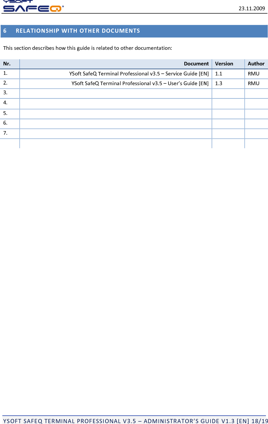 23.11.2009YSOFTSAFEQTERMINALPROFESSIONALV3.5&ndash;ADMINISTRATOR&rsquo;SGUIDEV1.3[EN]18/196RELATIONSHIPWITHOTHERDOCUMENTSThissectiondescribeshowthisguideisrelatedtootherdocumentation:Nr.DocumentVersionAuthor1. YSoftSafeQTerminalProfessionalv3.5&ndash;ServiceGuide[EN] 1.1RMU2. YSoftSafeQTerminalProfessionalv3.5&ndash;User&rsquo;sGuide[EN] 1.3RMU3. 4. 5. 6. 7. 