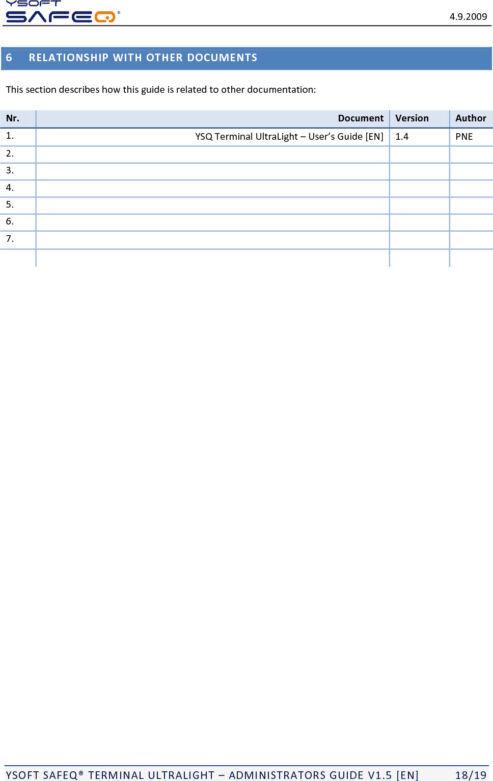   4.9.2009  YSOFT SAFEQ TERMINAL ULTRALIGHT  ADMINISTRATORS GUIDE V1.5 [EN]   18/19 6 RELATIONSHIP WITH OTHER DOCUMENTS This section describes how this guide is related to other documentation:  Nr. Document Version Author 1.  YSQ Terminal UltraLight   1.4 PNE 2.     3.     4.     5.     6.     7.          