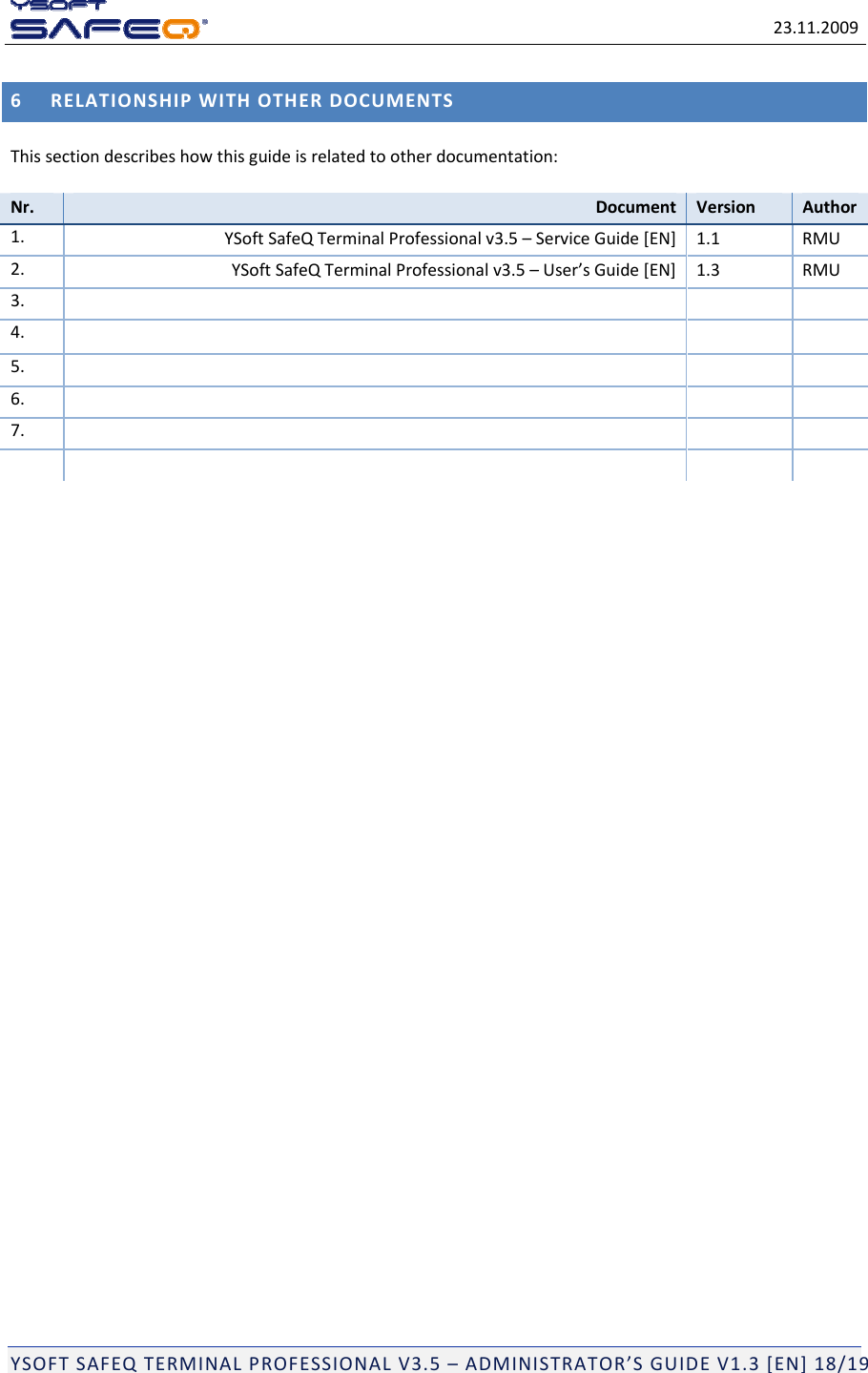 23.11.2009YSOFTSAFEQTERMINALPROFESSIONALV3.5&ndash;ADMINISTRATOR&rsquo;SGUIDEV1.3[EN]18/196RELATIONSHIPWITHOTHERDOCUMENTSThissectiondescribeshowthisguideisrelatedtootherdocumentation:Nr.DocumentVersionAuthor1. YSoftSafeQTerminalProfessionalv3.5&ndash;ServiceGuide[EN] 1.1RMU2. YSoftSafeQTerminalProfessionalv3.5&ndash;User&rsquo;sGuide[EN] 1.3RMU3. 4. 5. 6. 7. 