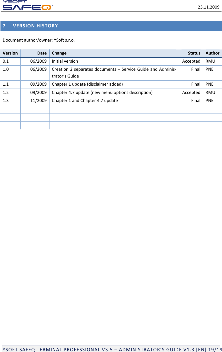 23.11.2009YSOFTSAFEQTERMINALPROFESSIONALV3.5&ndash;ADMINISTRATOR&rsquo;SGUIDEV1.3[EN]19/197VERSIONHISTORYDocumentauthor/owner:YSofts.r.o.VersionDateChangeStatusAuthor0.106/2009InitialversionAcceptedRMU1.006/2009Creation2separatesdocuments&ndash;ServiceGuideandAdminis‐trator&rsquo;sGuideFinalPNE1.109/2009Chapter1update(disclaimeradded)FinalPNE1.209/2009Chapter4.7update(newmenuoptionsdescription)AcceptedRMU1.311/2009Chapter1andChapter4.7updateFinalPNE   