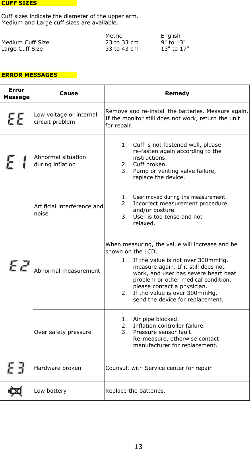 CUFF SIZESCuff sizes indicate the diameter of the upper arm. MetricEnglishMedium Cuff Size23 to 33 cm9&quot; to 13&quot;Large Cuff Size33 to 43 cm13&quot; to 17&quot;ERROR MESSAGESErrorMessage1.  Cuff is not fastened well, pleasere-fasten again according to theinstructions.2.  Cuff broken.3.  Pump or venting valve failure, replace the device.1.  User moved during the measurement.2.  Incorrect measurement procedure and/or posture.3.  User is too tense and notrelaxed.1.  If the value is not over 300mmHg, measure again. If it still does notwork, and user has severe heart beatproblem or other medical condition,please contact a physician.2.  If the value is over 300mmHg, send the device for replacement.1.  Air pipe blocked.2.  Inflation controller failure.3.  Pressure sensor fault.Re-measure, otherwise contactmanufacturer for replacement.Abnormal measurementCause RemedyAbnormal situationduring inflationArtificial interference andnoiseLow batteryReplace the batteries.Medium and Large cuff sizes are available.Over safety pressureHardware brokenRemove and re-install the batteries. Measure again.If the monitor still does not work, return the unitfor repair.Low voltage or internalcircuit problemWhen measuring, the value will increase and beshown on the LCD.Counsult with Service center for repair13