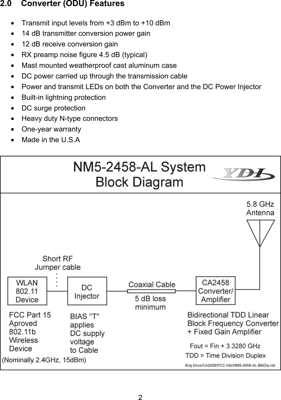  22.0    Converter (ODU) Features  •  Transmit input levels from +3 dBm to +10 dBm •  14 dB transmitter conversion power gain •  12 dB receive conversion gain  •  RX preamp noise figure 4.5 dB (typical) •  Mast mounted weatherproof cast aluminum case •  DC power carried up through the transmission cable •  Power and transmit LEDs on both the Converter and the DC Power Injector •  Built-in lightning protection  •  DC surge protection •  Heavy duty N-type connectors •  One-year warranty •  Made in the U.S.A   