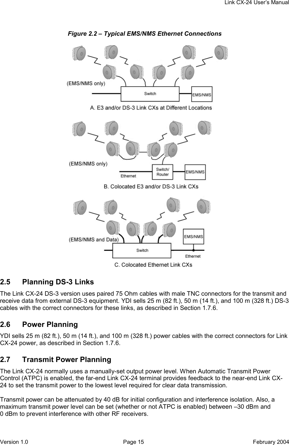     Link CX-24 User’s Manual Version 1.0  Page 15  February 2004 Figure 2.2 – Typical EMS/NMS Ethernet Connections  2.5  Planning DS-3 Links The Link CX-24 DS-3 version uses paired 75 Ohm cables with male TNC connectors for the transmit and receive data from external DS-3 equipment. YDI sells 25 m (82 ft.), 50 m (14 ft.), and 100 m (328 ft.) DS-3 cables with the correct connectors for these links, as described in Section 1.7.6. 2.6 Power Planning YDI sells 25 m (82 ft.), 50 m (14 ft.), and 100 m (328 ft.) power cables with the correct connectors for Link CX-24 power, as described in Section 1.7.6. 2.7  Transmit Power Planning The Link CX-24 normally uses a manually-set output power level. When Automatic Transmit Power Control (ATPC) is enabled, the far-end Link CX-24 terminal provides feedback to the near-end Link CX-24 to set the transmit power to the lowest level required for clear data transmission.  Transmit power can be attenuated by 40 dB for initial configuration and interference isolation. Also, a maximum transmit power level can be set (whether or not ATPC is enabled) between –30 dBm and 0 dBm to prevent interference with other RF receivers. 