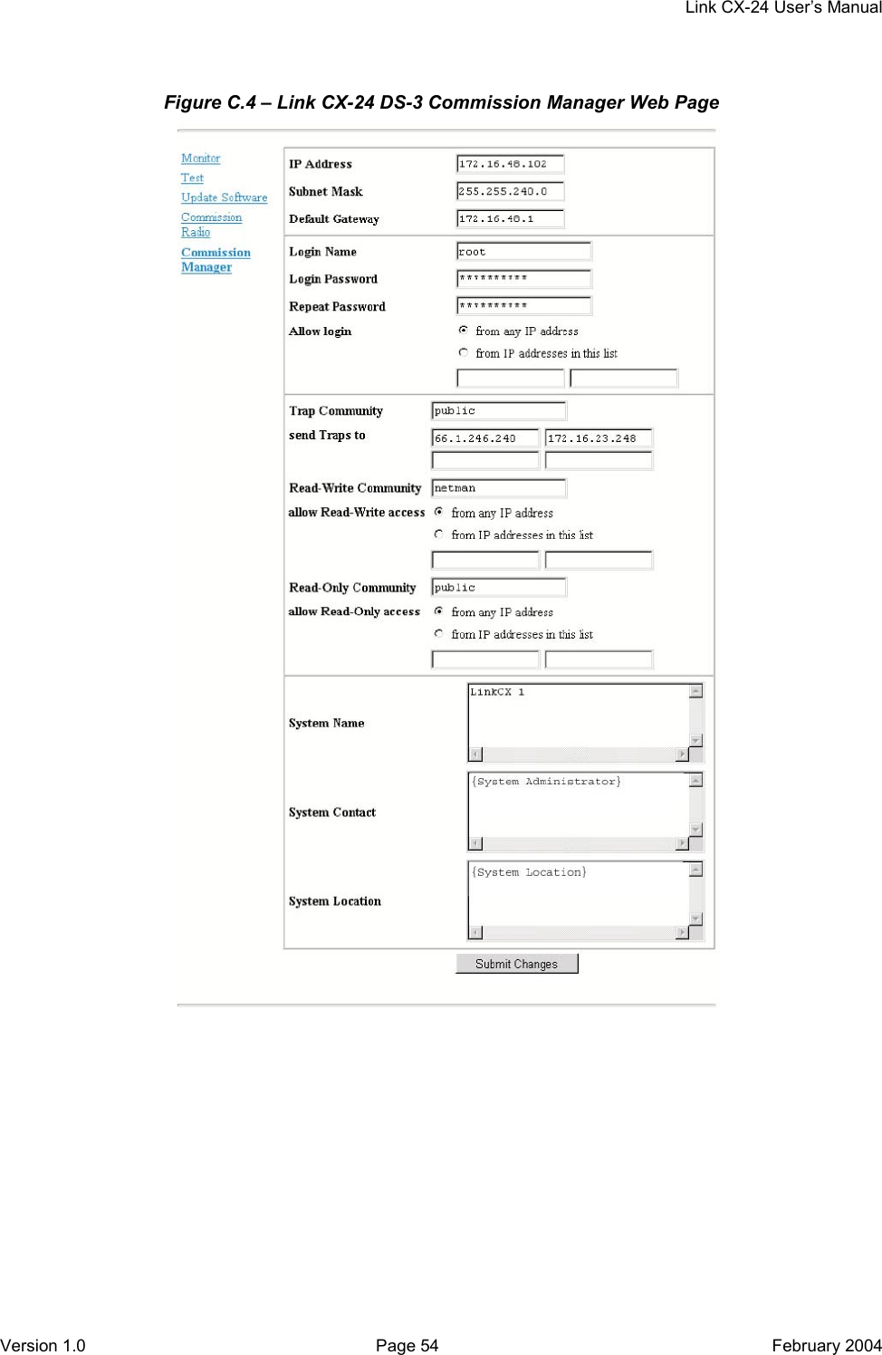     Link CX-24 User’s Manual Version 1.0  Page 54  February 2004 Figure C.4 – Link CX-24 DS-3 Commission Manager Web Page   