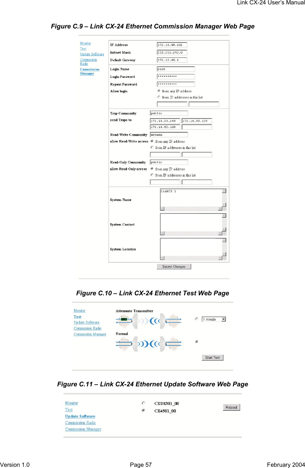     Link CX-24 User’s Manual Version 1.0  Page 57  February 2004 Figure C.9 – Link CX-24 Ethernet Commission Manager Web Page  Figure C.10 – Link CX-24 Ethernet Test Web Page  Figure C.11 – Link CX-24 Ethernet Update Software Web Page  