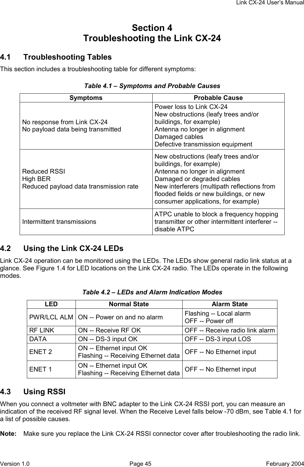     Link CX-24 User’s Manual Version 1.0  Page 45  February 2004 Section 4    Troubleshooting the Link CX-24 4.1 Troubleshooting Tables This section includes a troubleshooting table for different symptoms: Table 4.1 – Symptoms and Probable Causes Symptoms Probable Cause No response from Link CX-24 No payload data being transmitted Power loss to Link CX-24 New obstructions (leafy trees and/or buildings, for example) Antenna no longer in alignment Damaged cables Defective transmission equipment Reduced RSSI High BER Reduced payload data transmission rate New obstructions (leafy trees and/or buildings, for example) Antenna no longer in alignment Damaged or degraded cables New interferers (multipath reflections from flooded fields or new buildings, or new consumer applications, for example) Intermittent transmissions ATPC unable to block a frequency hopping transmitter or other intermittent interferer -- disable ATPC 4.2  Using the Link CX-24 LEDs Link CX-24 operation can be monitored using the LEDs. The LEDs show general radio link status at a glance. See Figure 1.4 for LED locations on the Link CX-24 radio. The LEDs operate in the following modes. Table 4.2 – LEDs and Alarm Indication Modes LED  Normal State  Alarm State PWR/LCL ALM  ON -- Power on and no alarm  Flashing -- Local alarm OFF -- Power off RF LINK  ON -- Receive RF OK  OFF -- Receive radio link alarmDATA  ON -- DS-3 input OK  OFF -- DS-3 input LOS ENET 2  ON -- Ethernet input OK Flashing -- Receiving Ethernet data OFF -- No Ethernet input ENET 1  ON -- Ethernet input OK Flashing -- Receiving Ethernet data OFF -- No Ethernet input 4.3 Using RSSI When you connect a voltmeter with BNC adapter to the Link CX-24 RSSI port, you can measure an indication of the received RF signal level. When the Receive Level falls below -70 dBm, see Table 4.1 for a list of possible causes.  Note:  Make sure you replace the Link CX-24 RSSI connector cover after troubleshooting the radio link. 