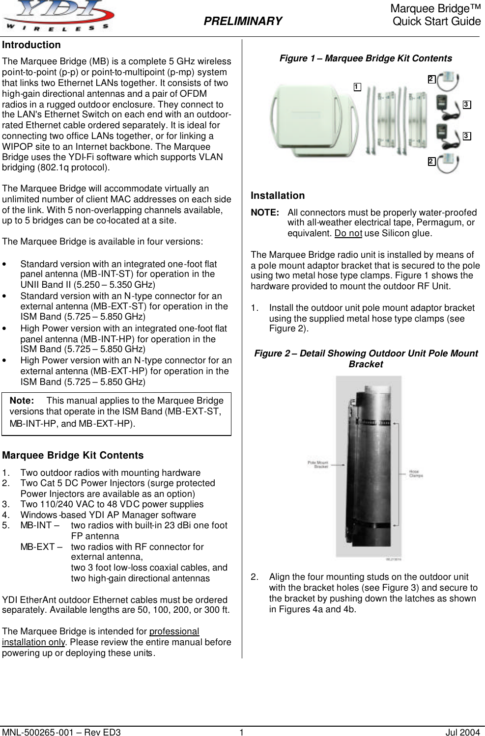 YDI Wireless MB-HP Outdoor Transmitter User Manual Marquee Bridge ISM vED3