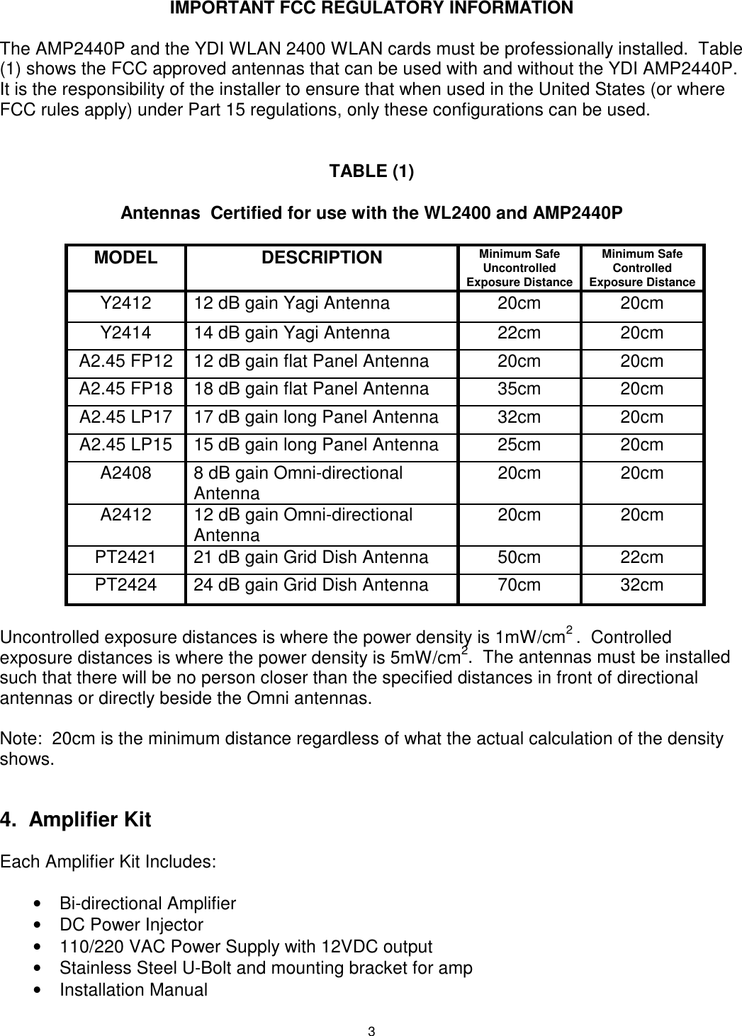 3IMPORTANT FCC REGULATORY INFORMATIONThe AMP2440P and the YDI WLAN 2400 WLAN cards must be professionally installed.  Table(1) shows the FCC approved antennas that can be used with and without the YDI AMP2440P.It is the responsibility of the installer to ensure that when used in the United States (or whereFCC rules apply) under Part 15 regulations, only these configurations can be used.TABLE (1)Antennas  Certified for use with the WL2400 and AMP2440PMODEL DESCRIPTION Minimum SafeUncontrolledExposure DistanceMinimum SafeControlledExposure DistanceY2412 12 dB gain Yagi Antenna 20cm 20cmY2414 14 dB gain Yagi Antenna 22cm 20cmA2.45 FP12 12 dB gain flat Panel Antenna 20cm 20cmA2.45 FP18 18 dB gain flat Panel Antenna 35cm 20cmA2.45 LP17 17 dB gain long Panel Antenna 32cm 20cmA2.45 LP15 15 dB gain long Panel Antenna 25cm 20cmA2408 8 dB gain Omni-directionalAntenna 20cm 20cmA2412 12 dB gain Omni-directionalAntenna 20cm 20cmPT2421 21 dB gain Grid Dish Antenna 50cm 22cmPT2424 24 dB gain Grid Dish Antenna 70cm 32cmUncontrolled exposure distances is where the power density is 1mW/cm2 .  Controlledexposure distances is where the power density is 5mW/cm2.  The antennas must be installedsuch that there will be no person closer than the specified distances in front of directionalantennas or directly beside the Omni antennas.Note:  20cm is the minimum distance regardless of what the actual calculation of the densityshows.4. Amplifier KitEach Amplifier Kit Includes:• Bi-directional Amplifier•  DC Power Injector•  110/220 VAC Power Supply with 12VDC output•  Stainless Steel U-Bolt and mounting bracket for amp• Installation Manual