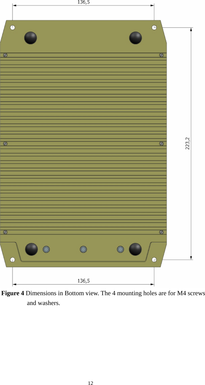 Figure 4 Dimensions in Bottom view. The 4 mounting holes are for M4 screws and washers. 12  
