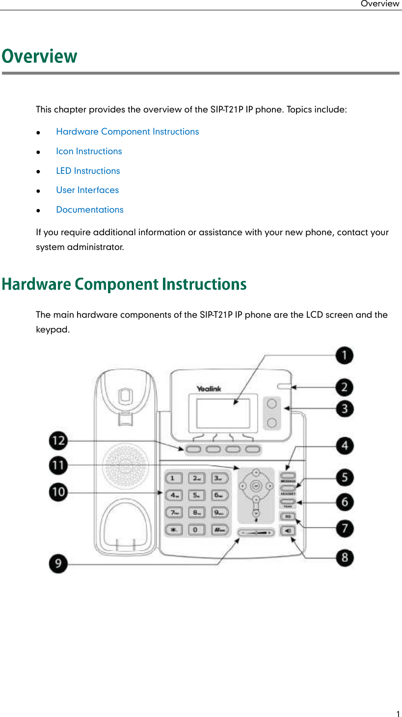 Overview 1 This chapter provides the overview of the SIP-T21P IP phone. Topics include:  Hardware Component Instructions  Icon Instructions  LED Instructions   User Interfaces  Documentations If you require additional information or assistance with your new phone, contact your system administrator. The main hardware components of the SIP-T21P IP phone are the LCD screen and the keypad.    