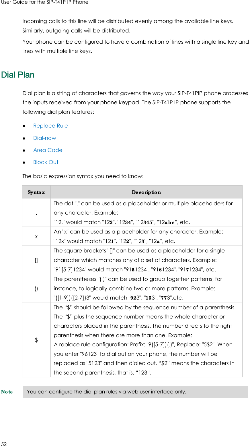 User Guide for the SIP-T41P IP Phone 52 Incoming calls to this line will be distributed evenly among the available line keys. Similarly, outgoing calls will be distributed. Your phone can be configured to have a combination of lines with a single line key and lines with multiple line keys. Dial Plan Dial plan is a string of characters that governs the way your SIP-T41PIP phone processes the inputs received from your phone keypad. The SIP-T41P IP phone supports the following dial plan features: z Replace Rule z Dial-now z Area Code z Block Out The basic expression syntax you need to know: Syntax  Description . The dot &quot;.&quot; can be used as a placeholder or multiple placeholders for any character. Example: &quot;12.&quot; would match &quot;123&quot;, &quot;1234&quot;, &quot;12345&quot;, &quot;12abc&quot;, etc. x  An &quot;x&quot; can be used as a placeholder for any character. Example: &quot;12x&quot; would match &quot;121&quot;, &quot;122&quot;, &quot;123&quot;, &quot;12a&quot;, etc. [] The square brackets &quot;[]&quot; can be used as a placeholder for a single character which matches any of a set of characters. Example: &quot;91[5-7]1234&quot; would match &quot;9151234&quot;, &quot;9161234&quot;, &quot;9171234&quot;, etc. () The parentheses &quot;( )&quot; can be used to group together patterns, for instance, to logically combine two or more patterns. Example: &quot;([1-9])([2-7])3&quot; would match &quot;923&quot;, &quot;153&quot;, &quot;773&quot;,etc. $ The “$” should be followed by the sequence number of a parenthesis. The “$” plus the sequence number means the whole character or characters placed in the parenthesis. The number directs to the right parenthesis when there are more than one. Example: A replace rule configuration: Prefix: &quot;9([5-7])(.)&quot;, Replace: &quot;5$2&quot;. When you enter &quot;96123&quot; to dial out on your phone, the number will be replaced as &quot;5123&quot; and then dialed out. “$2” means the characters in the second parenthesis, that is, “123”. Note  You can configure the dial plan rules via web user interface only. 