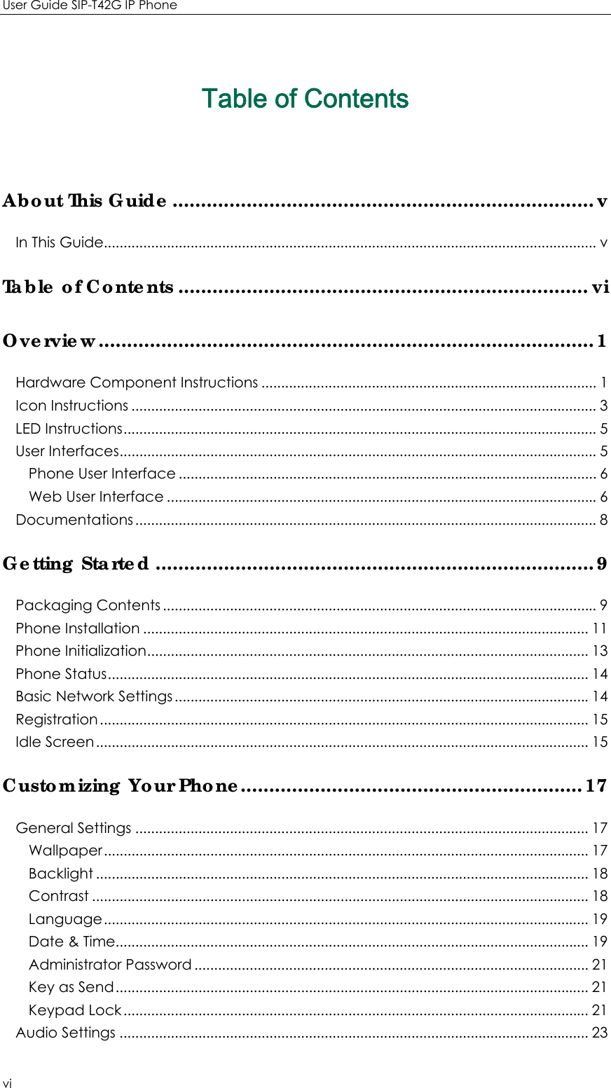 User Guide SIP-T42G IP Phone vi Table of Contents About This Guide .......................................................................... vIn This Guide............................................................................................................................. vTable of Contents ........................................................................ viOverview ....................................................................................... 1Hardware Component Instructions ..................................................................................... 1Icon Instructions ...................................................................................................................... 3LED Instructions ........................................................................................................................ 5User Interfaces ......................................................................................................................... 5Phone User Interface .......................................................................................................... 6Web User Interface ............................................................................................................. 6Documentations ..................................................................................................................... 8Getting Started ............................................................................. 9Packaging Contents .............................................................................................................. 9Phone Installation ................................................................................................................. 11Phone Initialization ................................................................................................................ 13Phone Status .......................................................................................................................... 14Basic Network Settings ......................................................................................................... 14Registration ............................................................................................................................ 15Idle Screen ............................................................................................................................. 15Customizing Your Phone............................................................ 17General Settings ................................................................................................................... 17Wallpaper ........................................................................................................................... 17Backlight ............................................................................................................................. 18Contrast .............................................................................................................................. 18Language ........................................................................................................................... 19Date &amp; Time........................................................................................................................ 19Administrator Password .................................................................................................... 21Key as Send ........................................................................................................................ 21Keypad Lock ...................................................................................................................... 21Audio Settings ....................................................................................................................... 23