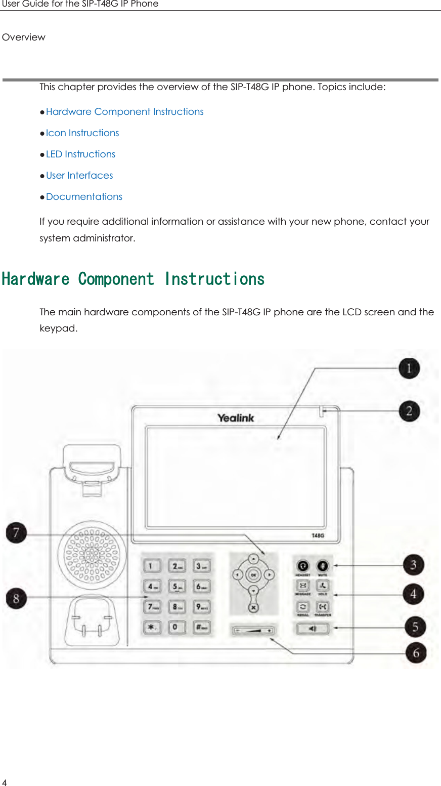 User Guide for the SIP-T48G IP Phone 4 Overview This chapter provides the overview of the SIP-T48G IP phone. Topics include: zHardware Component Instructions zIcon Instructions zLED Instructions zUser Interfaces zDocumentations If you require additional information or assistance with your new phone, contact your system administrator. *CTFYCTG%QORQPGPV+PUVTWEVKQPUThe main hardware components of the SIP-T48G IP phone are the LCD screen and the keypad. 