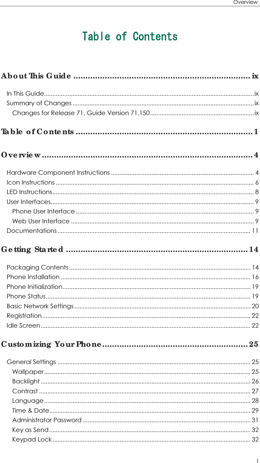 Overview1 6CDNGQH%QPVGPVUAbout This Guide.........................................................................ixIn This Guide.............................................................................................................................ixSummary of Changes ............................................................................................................ixChanges for Release 71, Guide Version 71.150..............................................................ixTable of Contents .........................................................................1Overview.......................................................................................4Hardware Component Instructions ..................................................................................... 4Icon Instructions ...................................................................................................................... 6LED Instructions........................................................................................................................ 8User Interfaces......................................................................................................................... 9Phone User Interface .......................................................................................................... 9Web User Interface ............................................................................................................. 9Documentations................................................................................................................... 11Getting Started ...........................................................................14Packaging Contents ............................................................................................................ 14Phone Installation ................................................................................................................. 16Phone Initialization................................................................................................................ 19Phone Status.......................................................................................................................... 19Basic Network Settings......................................................................................................... 20Registration............................................................................................................................ 22Idle Screen............................................................................................................................. 22Customizing Your Phone............................................................25General Settings ................................................................................................................... 25Wallpaper........................................................................................................................... 25Backlight ............................................................................................................................. 26Contrast .............................................................................................................................. 27Language........................................................................................................................... 28Time &amp; Date........................................................................................................................ 29Administrator Password .................................................................................................... 31Key as Send........................................................................................................................ 32Keypad Lock...................................................................................................................... 32