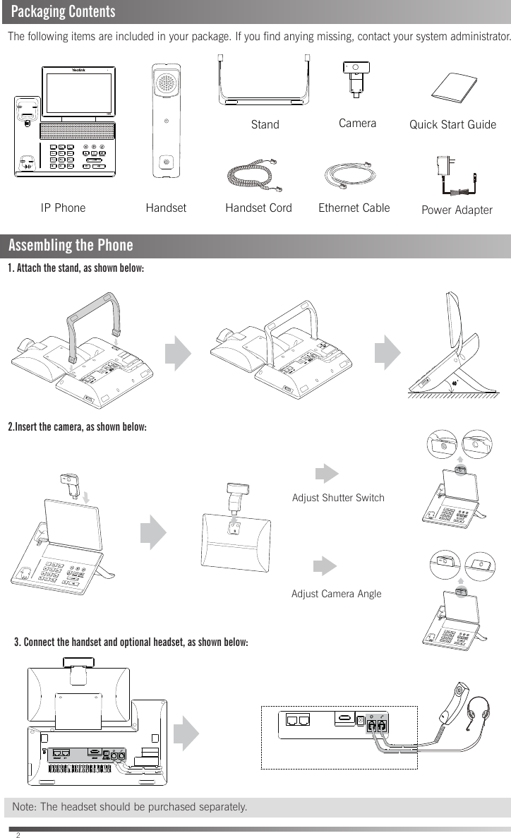 Packaging ContentsAssembling the PhoneThe following items are included in your package. If you find anying missing, contact your system administrator.2IP Phone Handset Handset CordStandEthernet CableCamera Quick Start Guide  Power Adapter1. Attach the stand, as shown below:402.Insert the camera, as shown below:1212Adjust Shutter SwitchAdjust Camera Angle3. Connect the handset and optional headset, as shown below:Note: The headset should be purchased separately.   