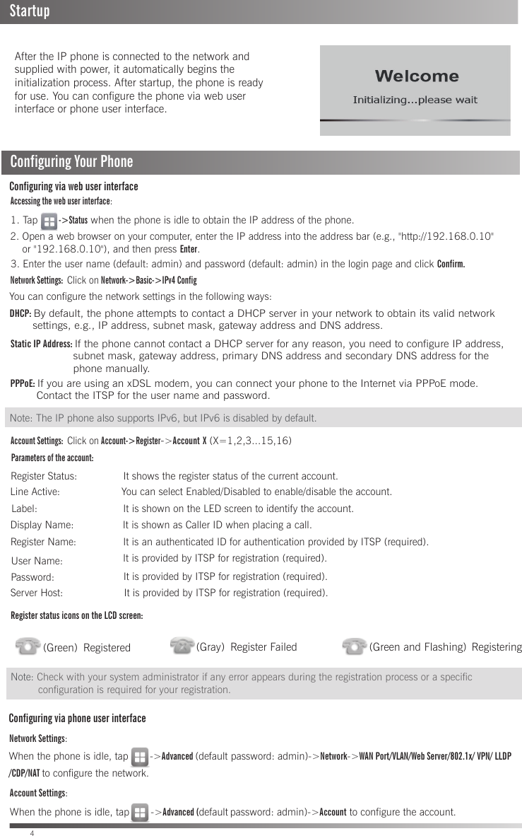After the IP phone is connected to the network and supplied with power, it automatically begins the initialization process. After startup, the phone is ready for use. You can configure the phone via web user interface or phone user interface.WelcomeWelcomeConfiguring Your Phone1. Tap          -&gt;Status when the phone is idle to obtain the IP address of the phone. 2. Open a web browser on your computer, enter the IP address into the address bar (e.g., &quot;http://192.168.0.10&quot;     or &quot;192.168.0.10&quot;), and then press Enter.3. Enter the user name (default: admin) and password (default: admin) in the login page and click Confirm.Network Settings:  Click on Network-&gt;Basic-&gt;IPv4 ConfigStatic IP Address: If the phone cannot contact a DHCP server for any reason, you need to configure IP address,                   subnet mask, gateway address, primary DNS address and secondary DNS address for the                    phone manually.Register Status:               It shows the register status of the current account.                                                                                                It is provided by ITSP for registration (required).It is provided by ITSP for registration (required).It is provided by ITSP for registration (required).   Register status icons on the LCD screen:Note: Check with your system administrator if any error appears during the registration process or a specific          configuration is required for your registration.          Configuring via phone user interface4  StartupAccessing the web user interface:Account Settings:  Click on Account-&gt;Register-&gt;Account X (X=1,2,3...15,16)Parameters of the account:Registering Registered Register Failed(Green) (Gray) (Green and Flashing)  When the phone is idle, tap       -&gt;Advanced (default password: admin)-&gt;Account to configure the account.Configuring via web user interfacePPPoE: If you are using an xDSL modem, you can connect your phone to the Internet via PPPoE mode.         Contact the ITSP for the user name and password.You can configure the network settings in the following ways:DHCP: By default, the phone attempts to contact a DHCP server in your network to obtain its valid network        settings, e.g., IP address, subnet mask, gateway address and DNS address. Server Host: It is an authenticated ID for authentication provided by ITSP (required).Display Name:                It is shown as Caller ID when placing a call.             Line Active:                    You can select Enabled/Disabled to enable/disable the account. Register Name:  User Name:Password:Account Settings:Network Settings:When the phone is idle, tap       -&gt;Advanced (default password: admin)-&gt;Network-&gt;WAN Port/VLAN/Web Server/802.1x/ VPN/ LLDP/CDP/NAT to configure the network.Label:                            It is shown on the LED screen to identify the account.Note: The IP phone also supports IPv6, but IPv6 is disabled by default.             
