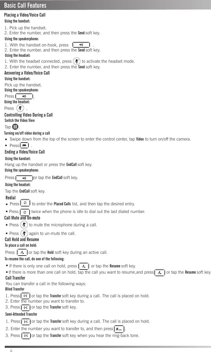 Basic Call Features1. Pick up the handset.2. Enter the number, and then press the Send soft key.        Using the headset:        Using the handset:Pick up the handset.Using the speakerphone:Press                .Press.Controlling Video During a CallTap      .       Ending a Video/Voice CallUsing the handset:Hang up the handset or press the EndCall soft key.Using the speakerphone:Using the headset:Press               or tap the EndCall soft key.  Tap the EndCall soft key.RedialPress          to enter the Placed Calls list, and then tap the desired entry. Press          twice when the phone is idle to dial out the last dialed number.Call Mute and Un-mutePress        to mute the microphone during a call.  Press        again to un-mute the call.If there is more than one call on hold, tap the call you want to resume,and press          or tap the Resume soft key. Call Hold and ResumeTo place a call on hold:To resume the call, do one of the following:If there is only one call on hold, press           or tap the Resume soft key.Press           or tap the Hold soft key during an active call.Semi-Attended TransferBlind TransferCall TransferYou can transfer a call in the following ways:1. Press         or tap the Transfer soft key during a call. The call is placed on hold.1. Press         or tap the Transfer soft key during a call. The call is placed on hold.2. Enter the number you want to transfer to, and then press         .3. Press         or tap the Transfer soft key when you hear the ring-back tone.3. Press         or tap the Transfer soft key.2. Enter the number you want to transfer to.Swipe down from the top of the screen to enter the control center, tap Video to turn on/off the camera.6Switch the Video ViewPlacing a Video/Voice CallUsing the handset:1. With the handset on-hook, press                   .  2. Enter the number, and then press the Send soft key.Using the speakerphone:Answering a Video/Voice Call2. Enter the number, and then press the Send soft key. 1. With the headset connected, press        to activate the headset mode.Using the headset:Turning on/off video during a callPress         .