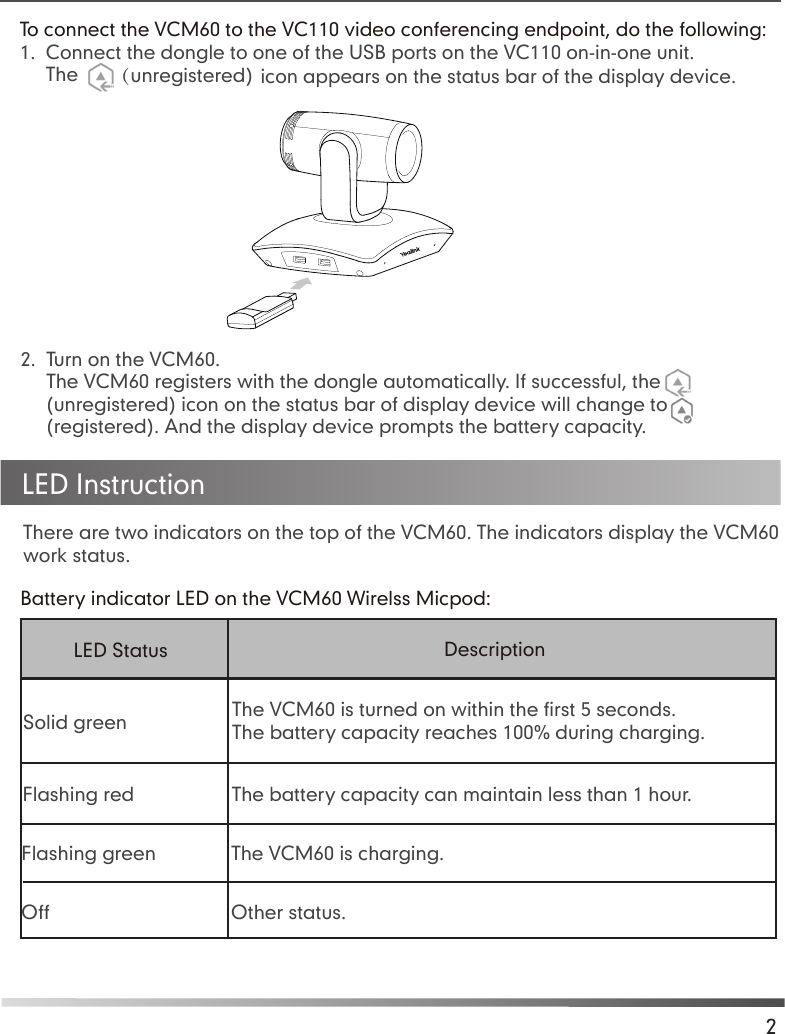 To connect the VCM60 to the VC110 video conferencing endpoint, do the following:1.  Connect the dongle to one of the USB ports on the VC110 on-in-one unit.     The   2.  Turn on the VCM60.     The VCM60 registers with the dongle automatically. If successful, the         (unregistered) icon on the status bar of display device will change to           (registered). And the display device prompts the battery capacity.  There are two indicators on the top of the VCM60. The indicators display the VCM60  work status.  Battery indicator LED on the VCM60 Wirelss Micpod:LED Instruction2LED Status DescriptionSolid green The VCM60 is turned on within the first 5 seconds.The battery capacity reaches 100% during charging. Flashing red The battery capacity can maintain less than 1 hour.Flashing green The VCM60 is charging.Off Other status.（unregistered) icon appears on the status bar of the display device.