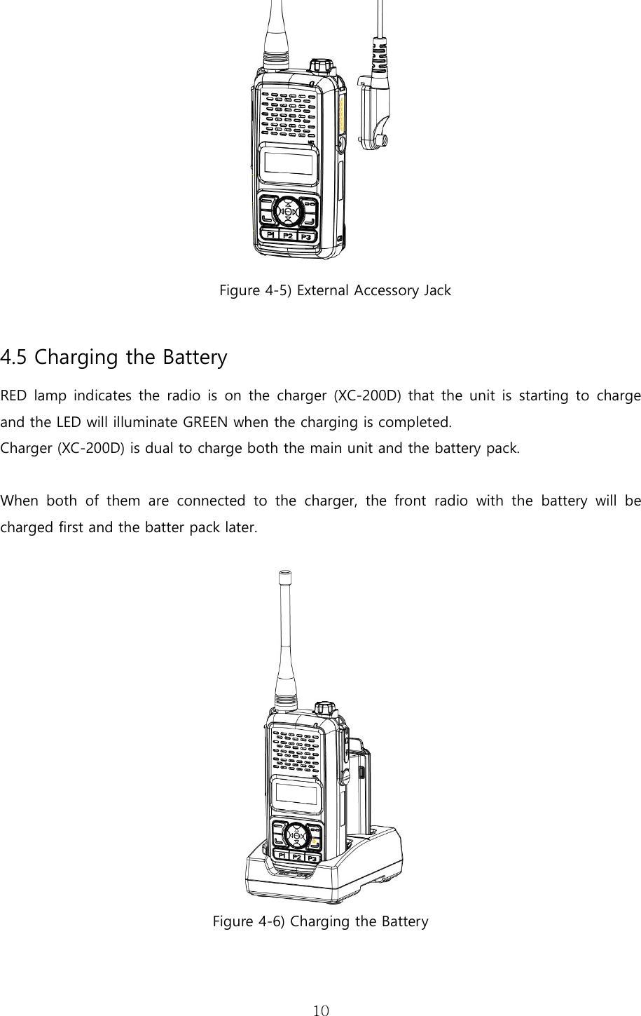   10 Figure 4-5) External Accessory Jack  4.5 Charging the Battery RED lamp indicates the radio  is on the  charger (XC-200D) that the unit is  starting to  charge and the LED will illuminate GREEN when the charging is completed. Charger (XC-200D) is dual to charge both the main unit and the battery pack.  When  both  of  them  are  connected  to  the  charger,  the  front  radio  with  the  battery  will  be charged first and the batter pack later.   Figure 4-6) Charging the Battery  