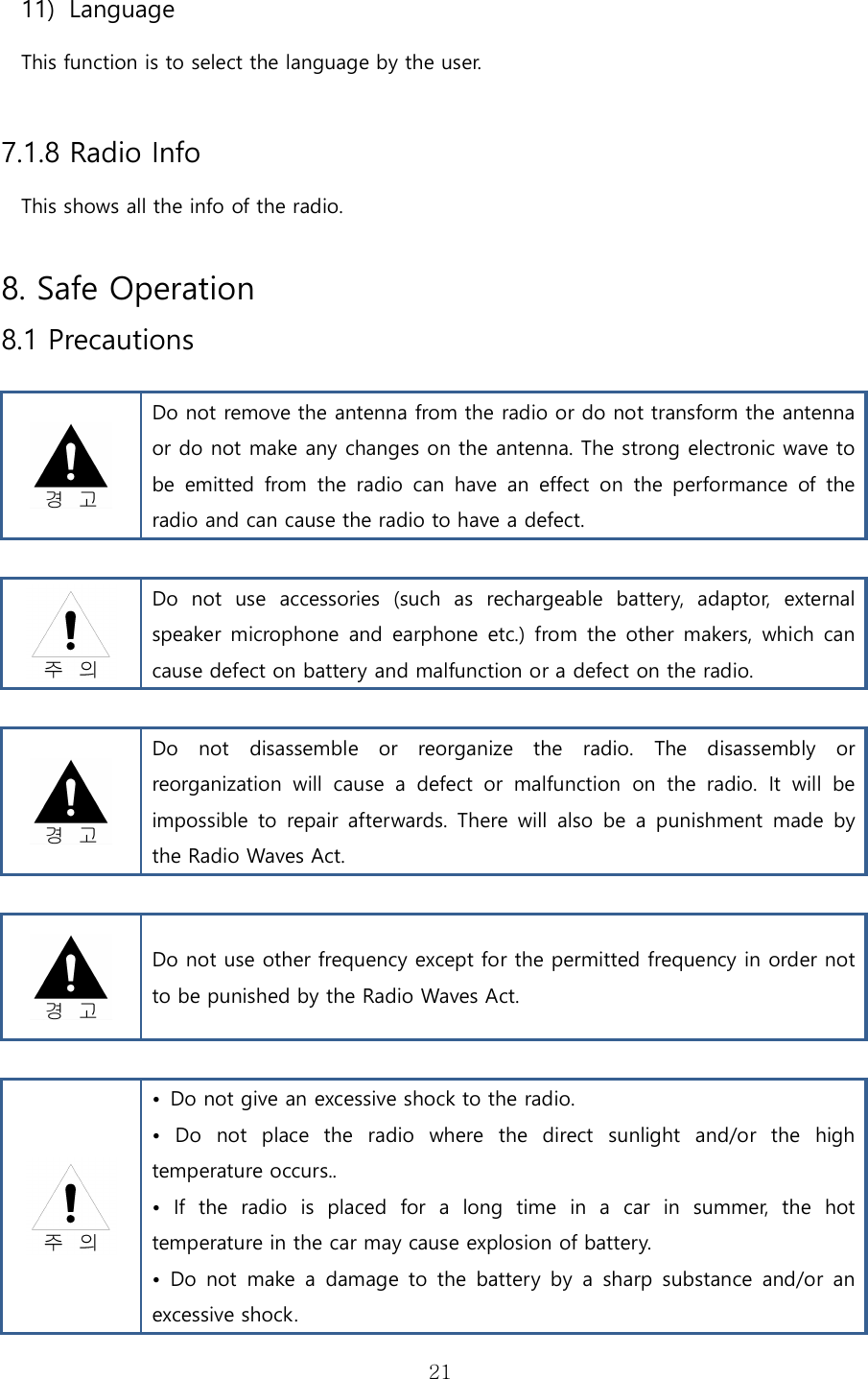   2111)   Language This function is to select the language by the user.    7.1.8 Radio Info This shows all the info of the radio.  8. Safe Operation 8.1 Precautions   Do not remove the antenna from the radio or do not transform the antenna or do not make any changes on the antenna. The strong electronic wave to be  emitted  from  the  radio  can  have  an  effect  on  the  performance  of  the radio and can cause the radio to have a defect.   Do  not  use  accessories  (such  as  rechargeable  battery,  adaptor,  external speaker microphone  and  earphone etc.) from  the other makers,  which can cause defect on battery and malfunction or a defect on the radio.   Do  not  disassemble  or  reorganize  the  radio.  The  disassembly  or reorganization  will  cause  a  defect  or  malfunction  on  the  radio.  It  will  be impossible  to  repair  afterwards.  There  will  also  be  a  punishment  made  by the Radio Waves Act.   Do not use other frequency except for the permitted frequency in order not to be punished by the Radio Waves Act.   •  Do not give an excessive shock to the radio. •  Do  not  place  the  radio  where  the  direct  sunlight  and/or  the  high temperature occurs..   •  If  the  radio  is  placed  for  a  long  time  in  a  car  in  summer,  the  hot temperature in the car may cause explosion of battery. •  Do  not  make  a  damage  to the  battery by  a sharp  substance  and/or  an excessive shock. 