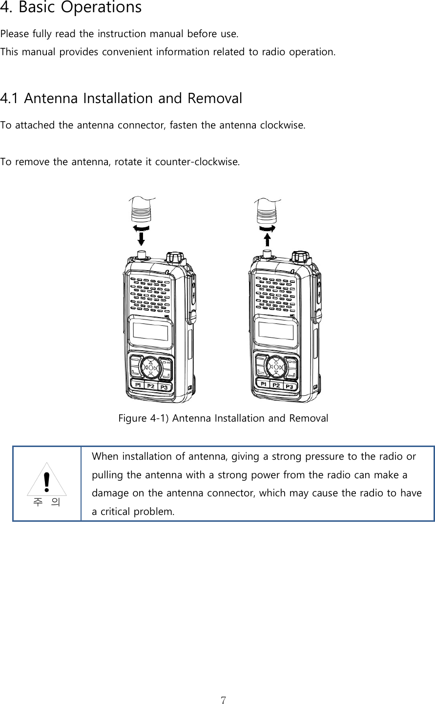   74. Basic Operations Please fully read the instruction manual before use. This manual provides convenient information related to radio operation.  4.1 Antenna Installation and Removal To attached the antenna connector, fasten the antenna clockwise.  To remove the antenna, rotate it counter-clockwise.   Figure 4-1) Antenna Installation and Removal   When installation of antenna, giving a strong pressure to the radio or pulling the antenna with a strong power from the radio can make a damage on the antenna connector, which may cause the radio to have a critical problem.       