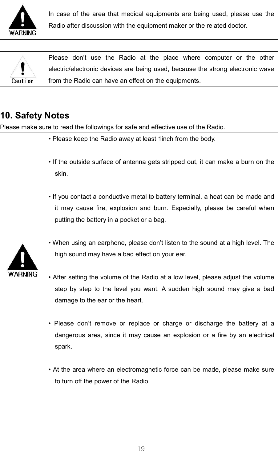 19In  case  of  the  area  that  medical  equipments  are  being  used,  please  use  the Radio after discussion with the equipment maker or the related doctor. Please  don’t  use  the  Radio  at  the  place  where  computer  or  the  other electric/electronic devices are being used, because the strong electronic wave from the Radio can have an effect on the equipments.   10. Safety NotesPlease make sure to read the followings for safe and effective use of the Radio. • Please keep the Radio away at least 1inch from the body.•If the outside surface of antenna gets stripped out, it can make a burn on theskin. •If you contact a conductive metal to battery terminal, a heat can be made andit  may  cause  fire,  explosion  and  burn.  Especially,  please  be  careful  when putting the battery in a pocket or a bag. • When using an earphone, please don’t listen to the sound at a high level. Thehigh sound may have a bad effect on your ear. •After setting the volume of the Radio at a low level, please adjust the volumestep  by  step  to  the  level  you  want.  A  sudden  high  sound  may  give  a  bad damage to the ear or the heart. • Please  don’t  remove  or  replace  or  charge  or  discharge  the  battery  at  adangerous  area,  since  it  may  cause  an  explosion  or  a  fire  by  an  electricalspark.•At the area where an electromagnetic force can be made, please make sureto turn off the power of the Radio.