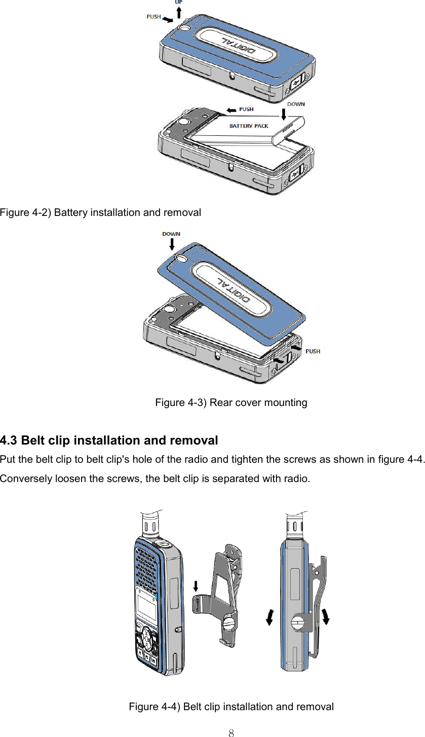   8 Figure 4-2) Battery installation and removal  Figure 4-3) Rear cover mounting  4.3 Belt clip installation and removal   Put the belt clip to belt clip&apos;s hole of the radio and tighten the screws as shown in figure 4-4.   Conversely loosen the screws, the belt clip is separated with radio.      Figure 4-4) Belt clip installation and removal   