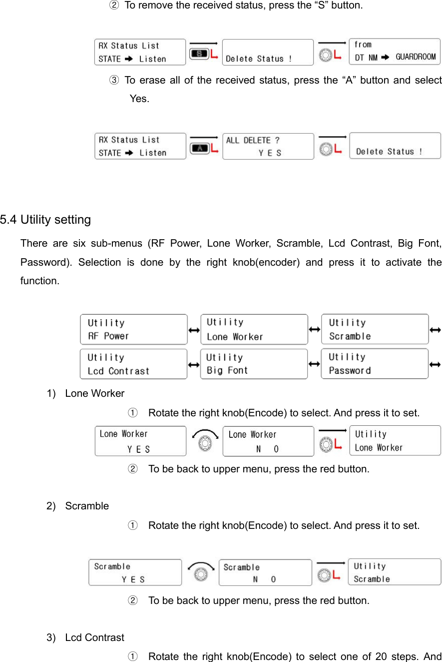 ②  To remove the received status, press the “S” button.                  ③ To erase all of the received status, press the “A” button and select Yes .      5.4 Utility setting There are six sub-menus (RF Power, Lone Worker, Scramble, Lcd Contrast, Big Font, Password). Selection is done by the right knob(encoder) and press it to activate the function.   1) Lone Worker ①  Rotate the right knob(Encode) to select. And press it to set.  ②  To be back to upper menu, press the red button.  2) Scramble ① Rotate the right knob(Encode) to select. And press it to set.   ②  To be back to upper menu, press the red button.  3) Lcd Contrast ①  Rotate the right knob(Encode) to select one of 20 steps. And 