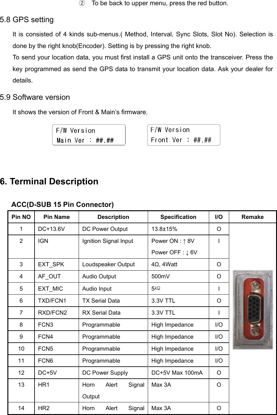 ②  To be back to upper menu, press the red button.   5.8 GPS setting It is consisted of 4 kinds sub-menus.( Method, Interval, Sync Slots, Slot No). Selection is done by the right knob(Encoder). Setting is by pressing the right knob. To send your location data, you must first install a GPS unit onto the transceiver. Press the key programmed as send the GPS data to transmit your location data. Ask your dealer for details. 5.9 Software version It shows the version of Front &amp; Main’s firmware.      6. Terminal Description  ACC(D-SUB 15 Pin Connector) Pin NO  Pin Name  Description Specification I/O Remake 1  DC+13.6V  DC Power Output  13.8±15%  O 2  IGN  Ignition Signal Input  Power ON : ↑ 8V Power OFF : ↓ 6V I 3 EXT_SPK  Loudspeaker Output  4Ω, 4Watt  O 4 AF_OUT  Audio Output  500mV  O 5 EXT_MIC  Audio Input  5㏀ I 6  TXD/FCN1  TX Serial Data  3.3V TTL    O 7  RXD/FCN2  RX Serial Data  3.3V TTL  I 8 FCN3  Programmable High Impedance I/O 9 FCN4  Programmable High Impedance I/O 10 FCN5  Programmable High Impedance I/O 11 FCN6  Programmable High Impedance I/O 12  DC+5V  DC Power Supply  DC+5V Max 100mA  O 13  HR1  Horn Alert Signal Output Max 3A  O 14  HR2  Horn Alert Signal Max 3A  O     