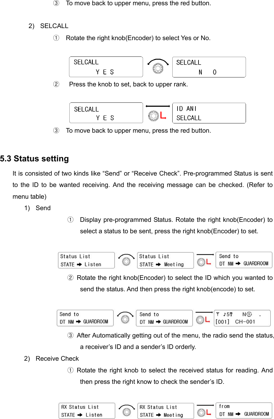 ③  To move back to upper menu, press the red button.  2) SELCALL ①  Rotate the right knob(Encoder) to select Yes or No.         ②    Press the knob to set, back to upper rank.                 ③  To move back to upper menu, press the red button.  5.3 Status setting It is consisted of two kinds like “Send” or “Receive Check”. Pre-programmed Status is sent to the ID to be wanted receiving. And the receiving message can be checked. (Refer to menu table) 1) Send ①    Display pre-programmed Status. Rotate the right knob(Encoder) to select a status to be sent, press the right knob(Encoder) to set.                     ②  Rotate the right knob(Encoder) to select the ID which you wanted to send the status. And then press the right knob(encode) to set.                     ③  After Automatically getting out of the menu, the radio send the status, a receiver’s ID and a sender’s ID orderly. 2) Receive Check ① Rotate the right knob to select the received status for reading. And then press the right know to check the sender’s ID.                  