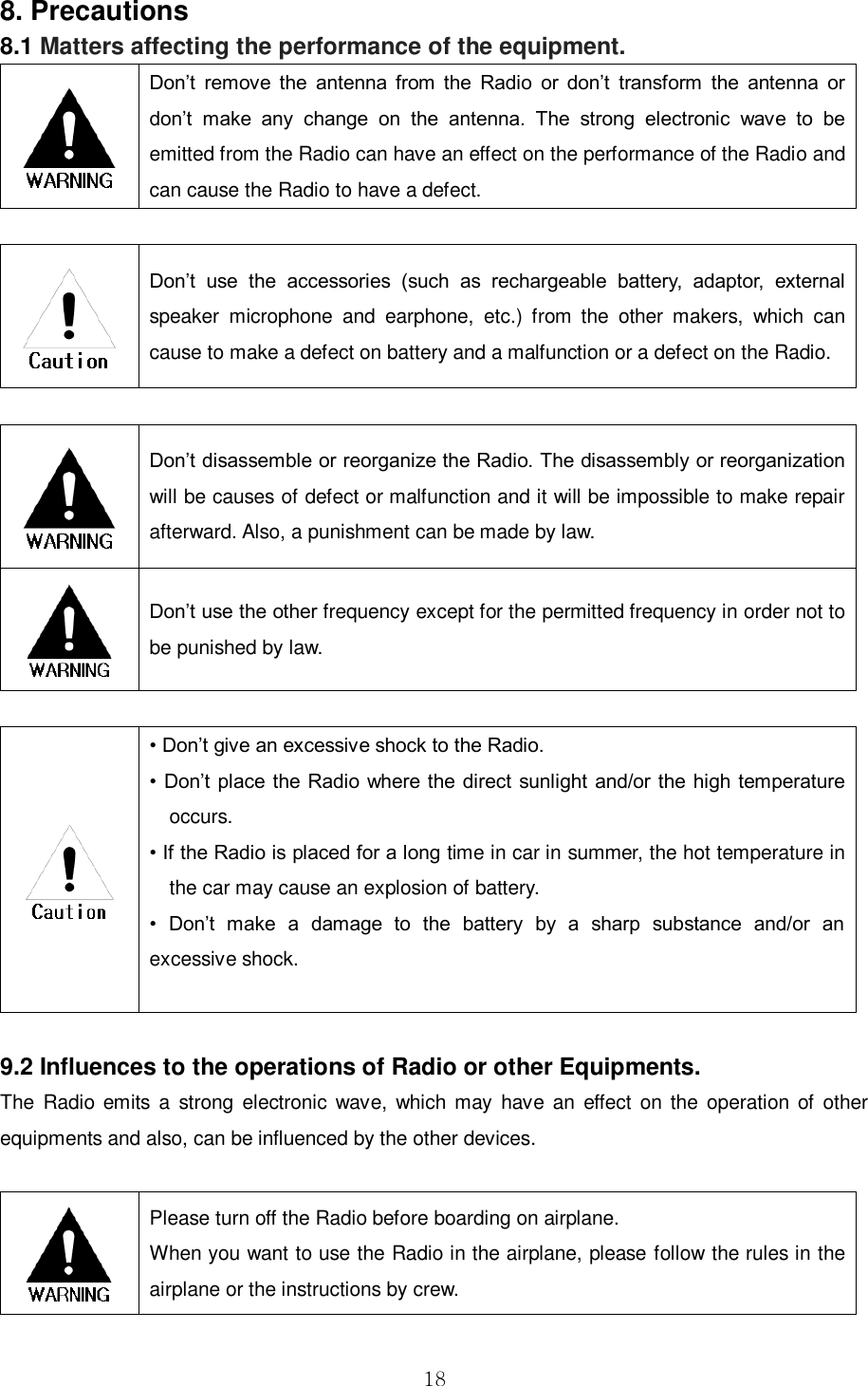  18 8. Precautions   8.1 Matters affecting the performance of the equipment.    Don’t  remove  the  antenna  from  the  Radio  or  don’t  transform  the  antenna  or don’t  make  any  change  on  the  antenna.  The  strong  electronic  wave  to  be emitted from the Radio can have an effect on the performance of the Radio and can cause the Radio to have a defect.     Don’t  use  the  accessories  (such  as  rechargeable  battery,  adaptor,  external speaker  microphone  and  earphone,  etc.)  from  the  other  makers,  which  can cause to make a defect on battery and a malfunction or a defect on the Radio.           Don’t disassemble or reorganize the Radio. The disassembly or reorganization will be causes of defect or malfunction and it will be impossible to make repair afterward. Also, a punishment can be made by law.  Don’t use the other frequency except for the permitted frequency in order not to be punished by law.     • Don’t give an excessive shock to the Radio.   • Don’t place the Radio where the direct sunlight and/or the high temperature occurs.   • If the Radio is placed for a long time in car in summer, the hot temperature in the car may cause an explosion of battery.   •  Don’t  make  a  damage  to  the  battery  by  a  sharp  substance  and/or  an excessive shock.     9.2 Influences to the operations of Radio or other Equipments.   The  Radio  emits  a  strong  electronic  wave, which may have  an  effect  on the  operation  of  other equipments and also, can be influenced by the other devices.     Please turn off the Radio before boarding on airplane. When you want to use the Radio in the airplane, please follow the rules in the airplane or the instructions by crew.    