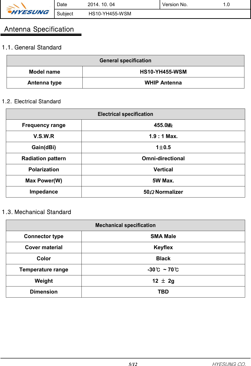  Date  2014. 10. 04  Version No.  1.0 Subject  HS10-YH455-WSM    5/12                                HYESUNG CO.       Antenna Specification  1.1. General Standard General specification Model name  HS10-YH455-WSM Antenna type  WHIP Antenna  1.2. Electrical Standard Electrical specification Frequency range  455.0㎒ V.S.W.R  1.9 : 1 Max. Gain(dBi) 1±0.5 Radiation pattern  Omni-directional Polarization  Vertical Max Power(W)  5W Max. Impedance  50 Normalizer  1.3. Mechanical Standard Mechanical specification Connector type  SMA Male Cover material  Keyflex Color  Black Temperature range  -30℃  ~ 70℃ Weight  12  ±  2g Dimension  TBD      