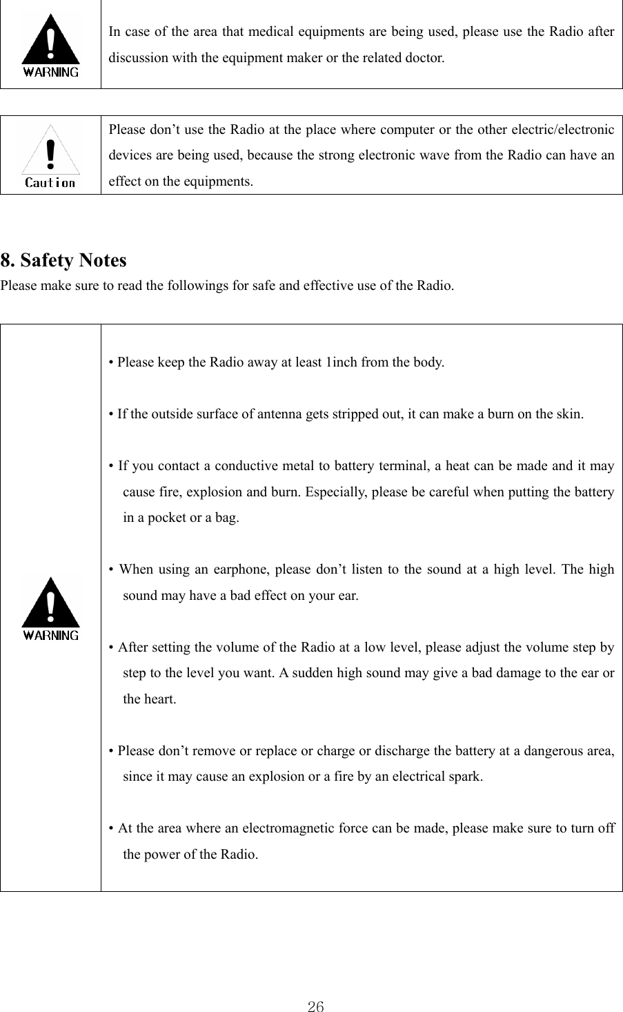  26 In case of the area that medical equipments are being used, please use the Radio after discussion with the equipment maker or the related doctor.   Please don’t use the Radio at the place where computer or the other electric/electronic devices are being used, because the strong electronic wave from the Radio can have an effect on the equipments.     8. Safety Notes Please make sure to read the followings for safe and effective use of the Radio.     • Please keep the Radio away at least 1inch from the body.   • If the outside surface of antenna gets stripped out, it can make a burn on the skin.    • If you contact a conductive metal to battery terminal, a heat can be made and it may cause fire, explosion and burn. Especially, please be careful when putting the battery in a pocket or a bag.   • When using an earphone, please don’t listen to the sound at a high level. The high sound may have a bad effect on your ear.   • After setting the volume of the Radio at a low level, please adjust the volume step by step to the level you want. A sudden high sound may give a bad damage to the ear or the heart.  • Please don’t remove or replace or charge or discharge the battery at a dangerous area, since it may cause an explosion or a fire by an electrical spark.  • At the area where an electromagnetic force can be made, please make sure to turn off the power of the Radio.    