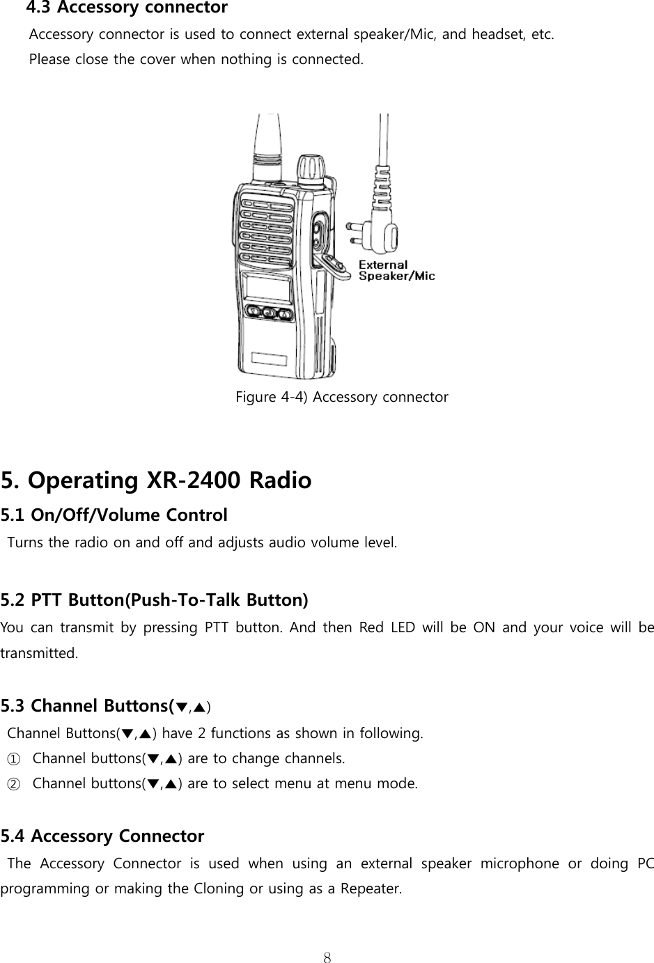 8    4.3 Accessory connector Accessory connector is used to connect external speaker/Mic, and headset, etc. Please close the cover when nothing is connected.   Figure 4-4) Accessory connector   5. Operating XR-2400 Radio 5.1 On/Off/Volume Control Turns the radio on and off and adjusts audio volume level.  5.2 PTT Button(Push-To-Talk Button)  You can transmit by pressing PTT button. And then Red LED will be ON and your voice will  be transmitted.  5.3 Channel Buttons(▼,▲) Channel Buttons(▼,▲) have 2 functions as shown in following. ① Channel buttons(▼,▲) are to change channels. ② Channel buttons(▼,▲) are to select menu at menu mode.    5.4 Accessory Connector The  Accessory  Connector  is  used  when  using  an  external  speaker  microphone  or  doing  PC programming or making the Cloning or using as a Repeater.  